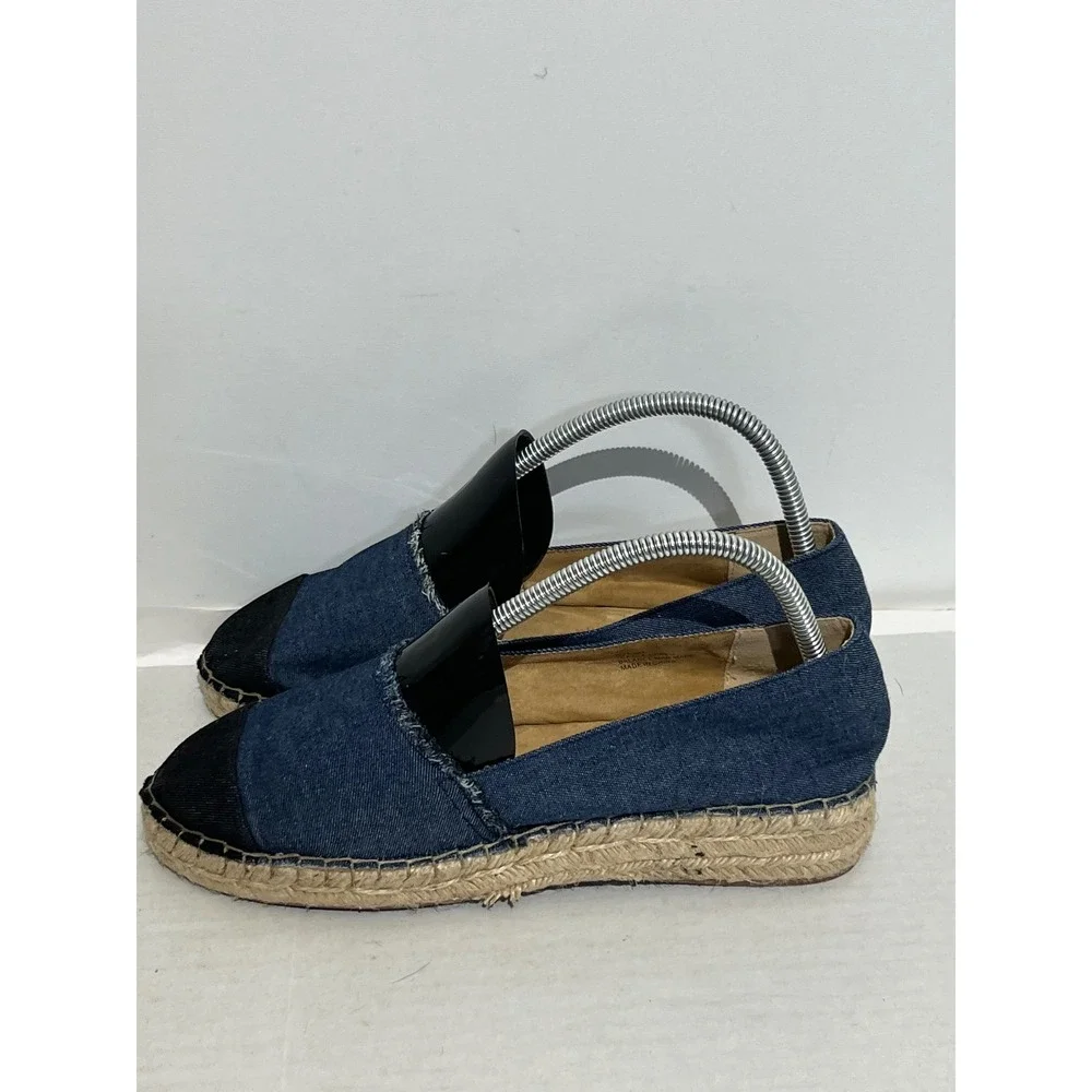 Soft Surroundings Denim Espadrille Flats Blue Cap Toe Jute Platform Slip On